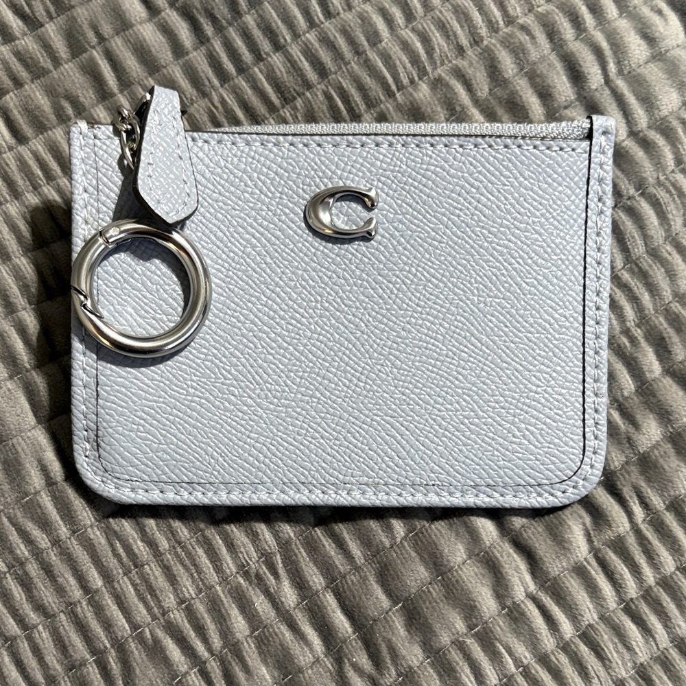 Coach Light Blue Leather Zip Card Case with Keyring